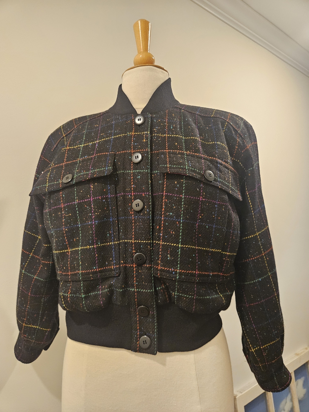Escada Vintage Wool Black Plaid Bomber Jacket with Windowpane Stitching